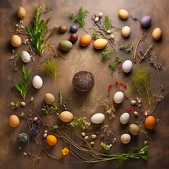 Collection of colorful Easter eggs with whimsical designs, among fresh greenery, delicate wildflowers on dark background festive, traditional Easter setting. Flat lay, from above. The festive layout