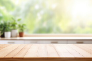 An empty wooden table against background of a blurred interior.