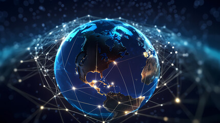 Naklejka na ściany i meble Globally connected communication technology globe showing concept of internet, internet of things, cyberspace, global business, innovation, big data science, digital finance, blockchain