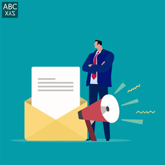 Businessman sends email to communicate as automatic newsletter, letter format includes original and draft, online advertisement or mailing list, internet mailing career.