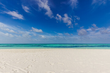 Tranquil seascape. Relaxing sunny beach empty summer vacation holiday beachfront. Waves surf with amazing blue ocean lagoon, sea shore, coastline. Beautiful bright beach, seaside copy space text ready