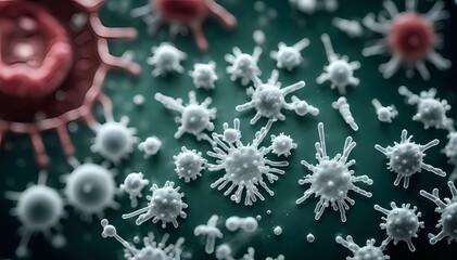 Macro view of bacteria and cells of a biological organism under microscope in the laboratory - close look at a virus similar to the Covid corona