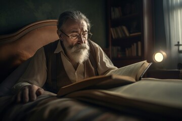 Fototapeta premium Old man bed reading. Serious and thoughtfully senior holding big book. Generate AI