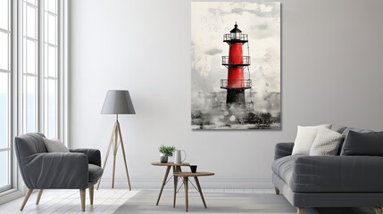 Fototapeta premium simple minimalist painting winter lighthouse