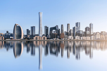 Reflection on the Water Surface of the Skyline Architecture Complex in Beijing International Trade...