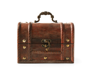 Old chest with treasures isolated on white background