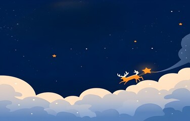 Illustration of Rudolph the Red-Nosed Reindeer running through the clouds in the moonlit night sky.