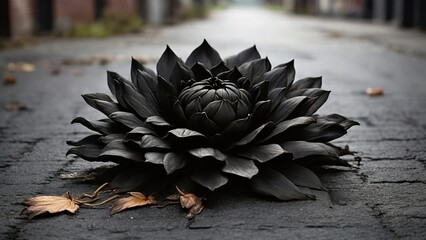 black dahlia on the ground asphalt - obrazy, fototapety, plakaty