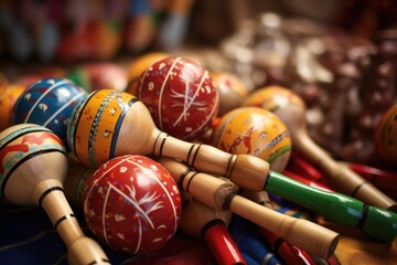 Multicolored wooden maracas with ornaments. Spanish musical instrument. - obrazy, fototapety, plakaty
