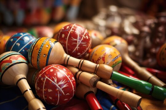 Multicolored wooden maracas with ornaments. Spanish musical instrument.