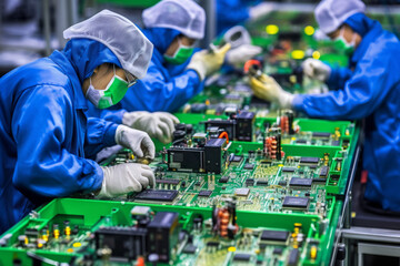 A workers in protective suits assembling electronic components on a factory floor, the intricate and clean environment of electronics manufacturing