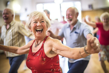 A scene of a group of seniors dancing joyfully in a fitness studio, illustrating the fun of group exercise. Selective focus, shallow depth of field - 708911919