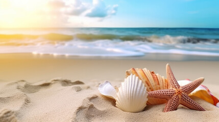 Close-up of seashells and starfish lying on a sandy beach against the sea at sunset in blur