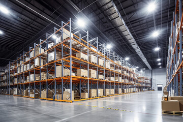A wide-angle view of the vast interior of a modern warehouse, with neatly organized shelves reaching to the ceiling, showcasing the efficiency and scale of modern storage facilities