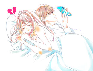 パートナーとの距離を悲しむ女性　ベッド　スマホ