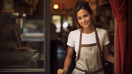 a waitress in an apron, ready to welcome customers to a cafe