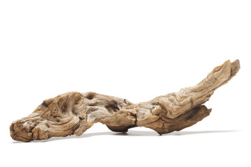 Close up of textured driftwood on isolated white background