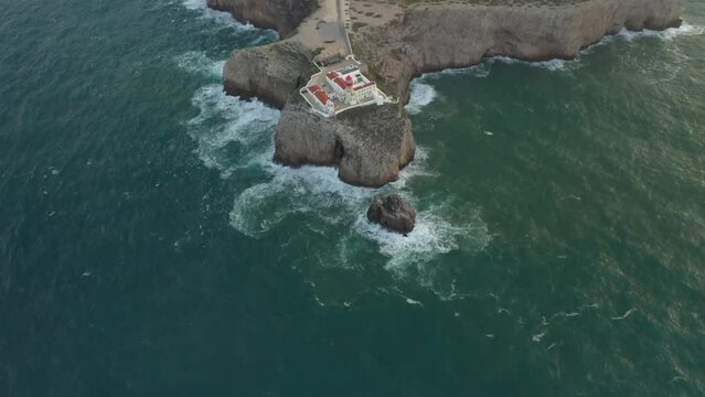 Aerial video of the lighthouse and cliffs at Cape St. Vincent. The sea view of the Algarve