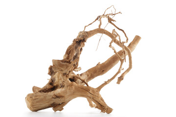 Close up of textured driftwood on isolated white background