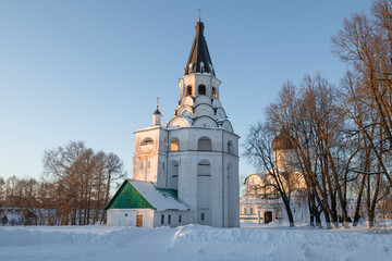 View of the ancient church-bell tower of the Crucifixion of Christ (Ruspyatskaya Church) on a sunny January evening. Alexandrov. Vladimir region, Russia