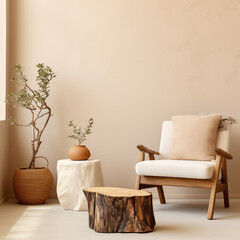  a beautiful modern minimalistic suede tufted lounge chair with a modern side table, clean minimalist solid background