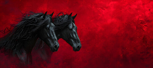 two Friesian horses in profile on red boke background - obrazy, fototapety, plakaty