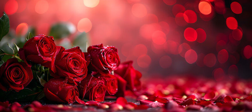 Banner of red roses on the red bokeh background