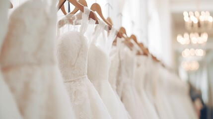 wedding dresses on  hanger. bridal shop - obrazy, fototapety, plakaty
