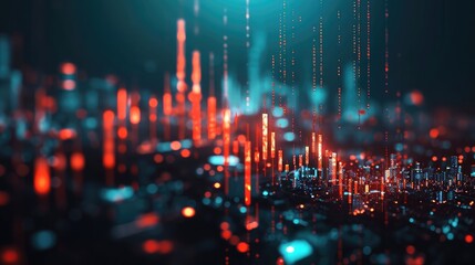 Fototapeta premium Abstract glowing big data forex candlestick chart on blurry city backdrop. Trade, technology, investment and analysis concept.