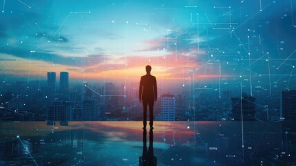 Businessman standing at office with abstract line and dot connect with gradient line design panoramic city view.