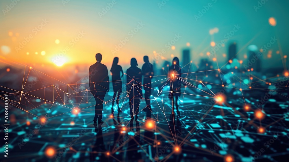 Poster Global business structure of networking. Analysis and data exchange customer connection