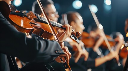 Professional symphonic orchestra performing on stage and playing a classical music concert - obrazy, fototapety, plakaty