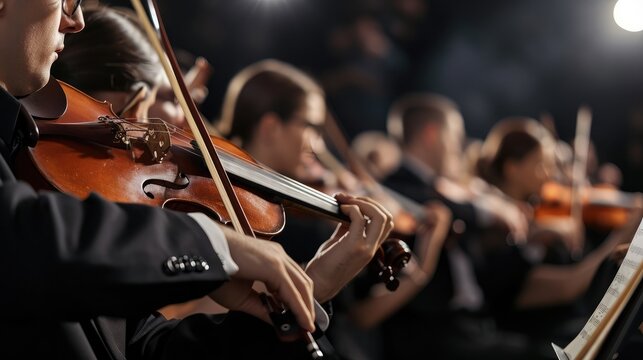 Professional symphonic orchestra performing on stage and playing a classical music concert