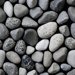 Fototapeta na wymiar River Rocks in black, white and grey, top view - Seamless tile