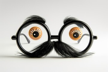 Happy april fool s day and funny pranks concept with a pair of comical glasses with bushy eyebrows and thick mustache - obrazy, fototapety, plakaty