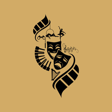 Gold comedy and tragedy masks with musical and film elements - Film and Theater - Movies Circus - Entertainment - Music - Play - Cinema - Movies - Awards - Ticket