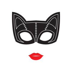 Graphic cat mask and red lips for costume party design - Cat Woman Mask - Minimal Illustration
