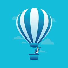 Explorer with Telescope in Hot Air Balloon Illustration - Businessman Minimal Illustration - Hot Air Balloon Vision 