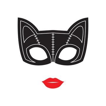Graphic cat mask and red lips for costume party design - Cat Woman Mask - Minimal Illustration
