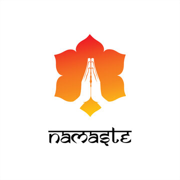 Colorful Namaste Symbol with Hands and Lotus Flower - Namaste Minimal typography - Indian welcome - Join Hands Flower 