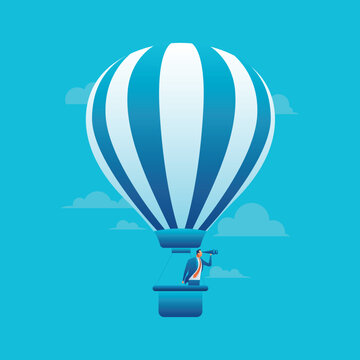 Explorer with Telescope in Hot Air Balloon Illustration - Businessman Minimal Illustration - Hot Air Balloon Vision 