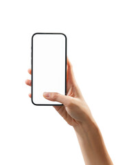 Hand holding smartphone with blank screen, mockup for application on mobile, modern design.