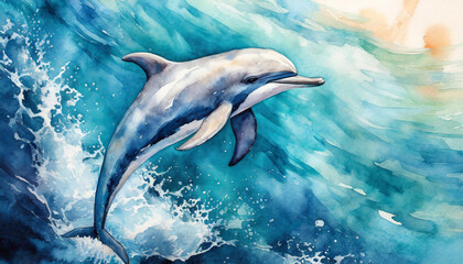 Obraz premium Top view of a stilazed dolphin in the ocean, watercolor art style, copy space on a side