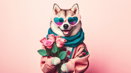 Cute funny dog holding with bouquet of roses in Valentine’s day concept.