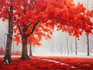  Photo lonely red autumn tree with falling leaves in winter forest, landscape painting © MD NAZMUL HASAN