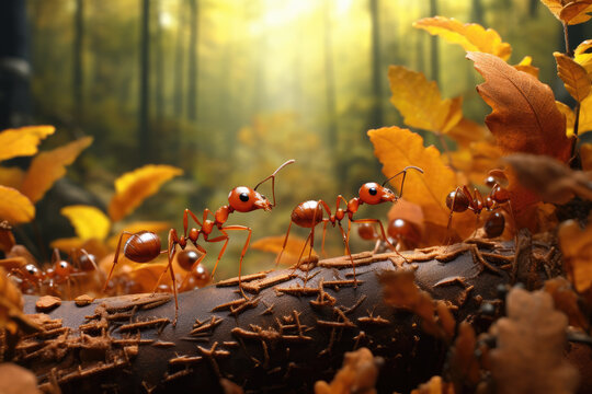 red ant and autumn leaves in the forest