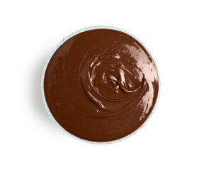 Bowl of tasty melted chocolate on white background