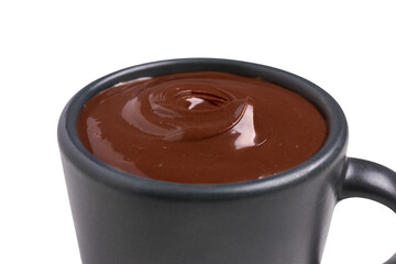 Cup of tasty melted chocolate on white background