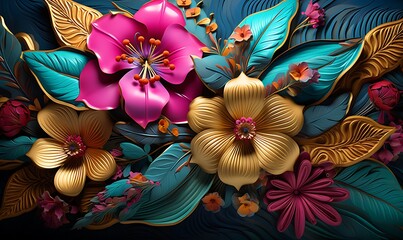 Cartoon fantasy illustration in the style of meticulous fantasy and sense of awe, tropical flowers, gold, azure and magenta. vivid 3D. Generative Ai

