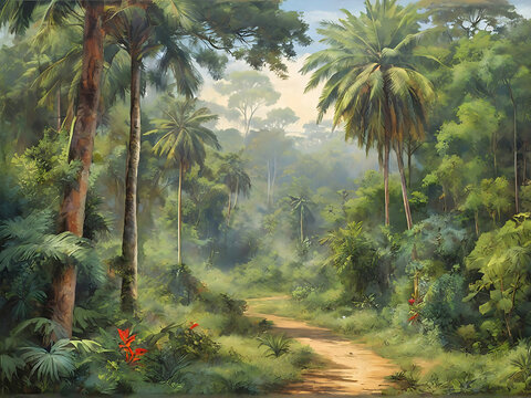 Photo painting landscape on an african tropical jungle with trees.